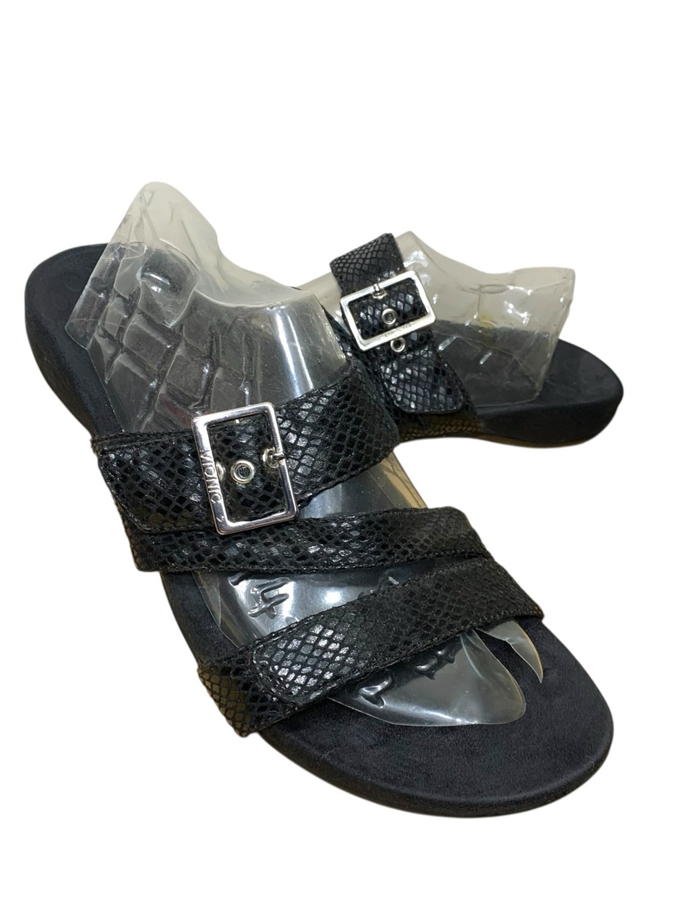 Vionic Skylar Black Adjustable Slide Orthotic Sandal Sz 12 Snake Pint Straps